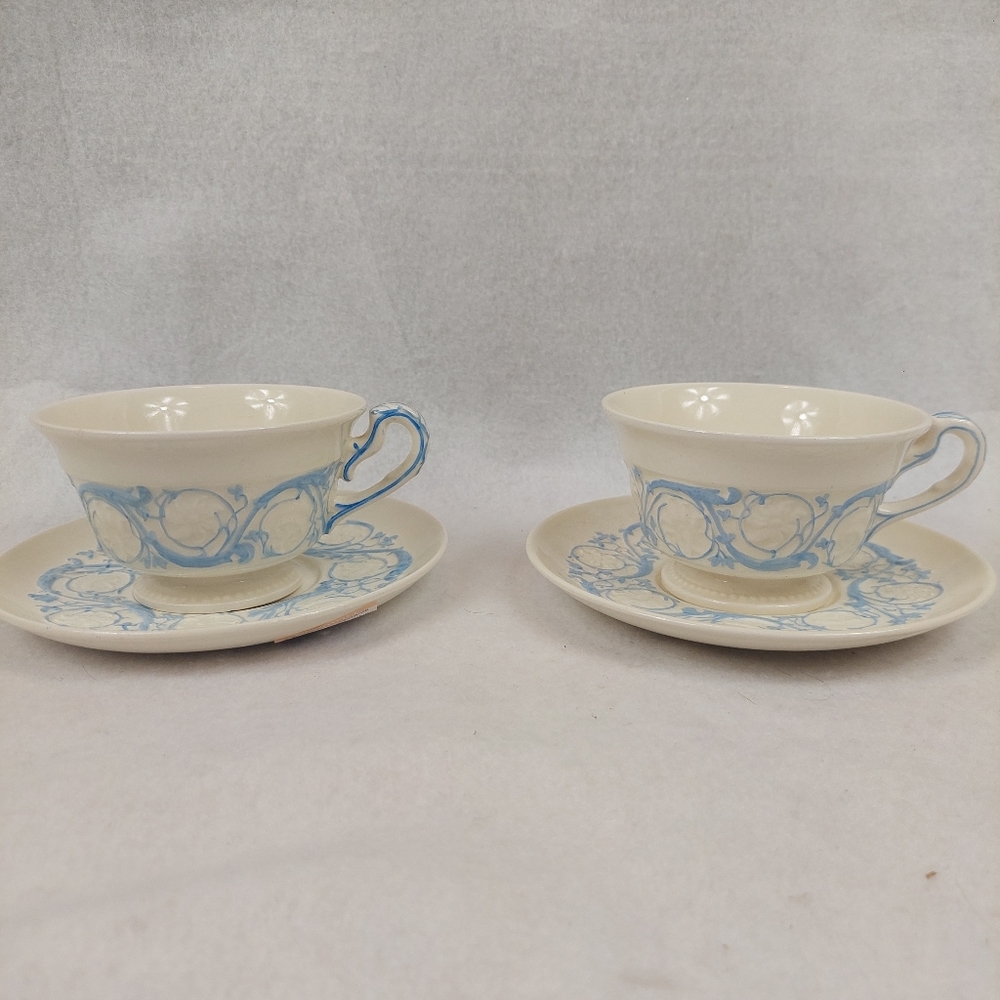 2 Sets Wedgwood Kingston Blue Patrician Teacups & Saucers Beige Earthenware